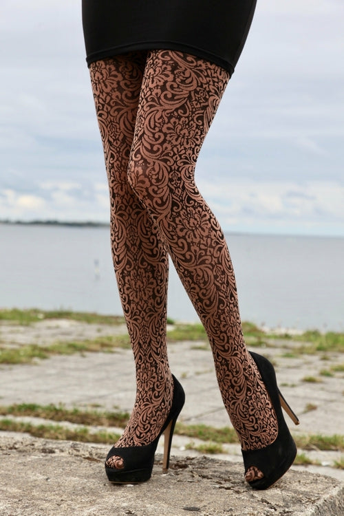 MARA 60DEN brown tights with ornament pattern