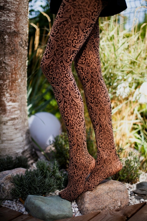MARA 60DEN brown tights with ornament pattern